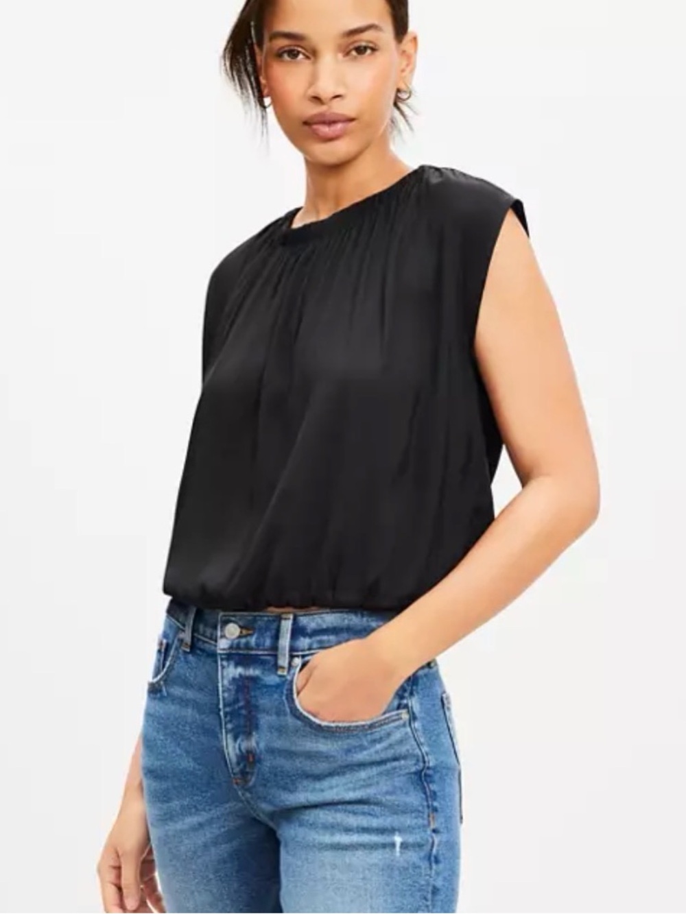 LOFT NWOT Petite Tie Back Bubble Hem Black Sleeveless Gathered Neck